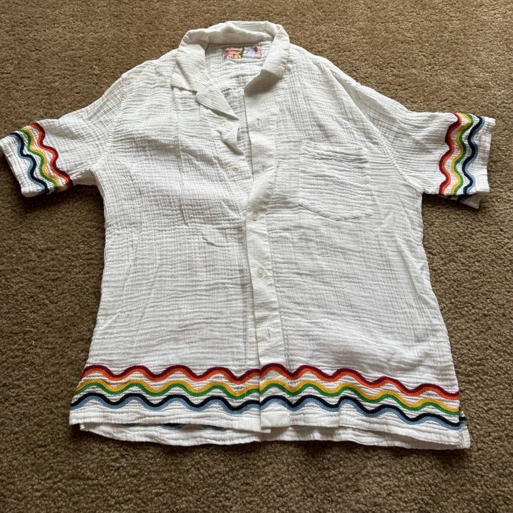 A&F the Trevor Project white gauze button down Rainbow Trim Sz M